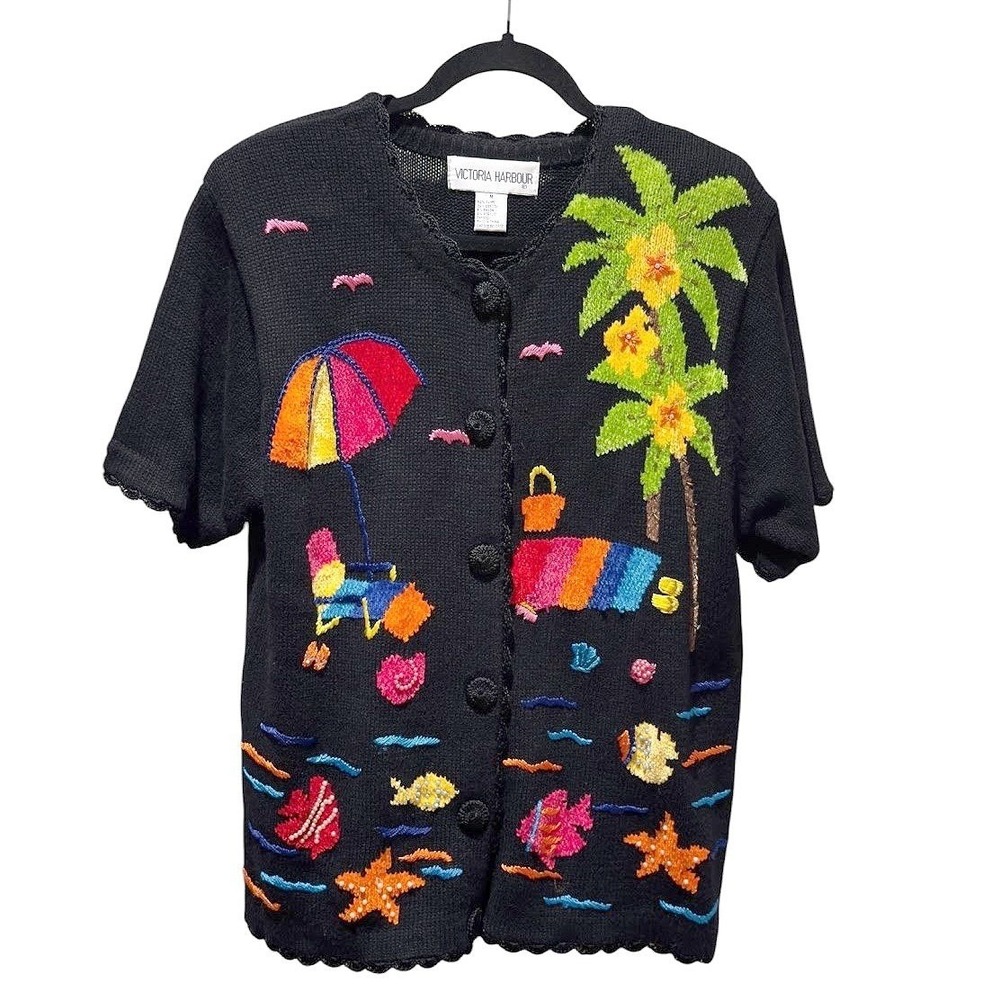 Victoria Harbour Cardigan Women Medium Black Beach Tropical Beaded Vintage Knit
